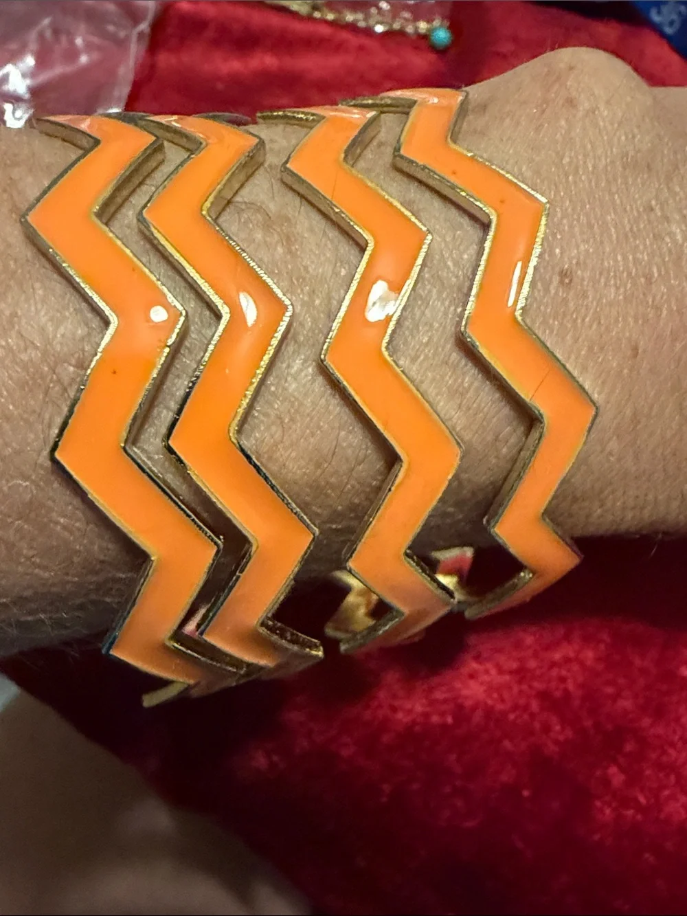 Orange Zigzag Enamel Bangles set of 4 Bracelets -vintage but new condition